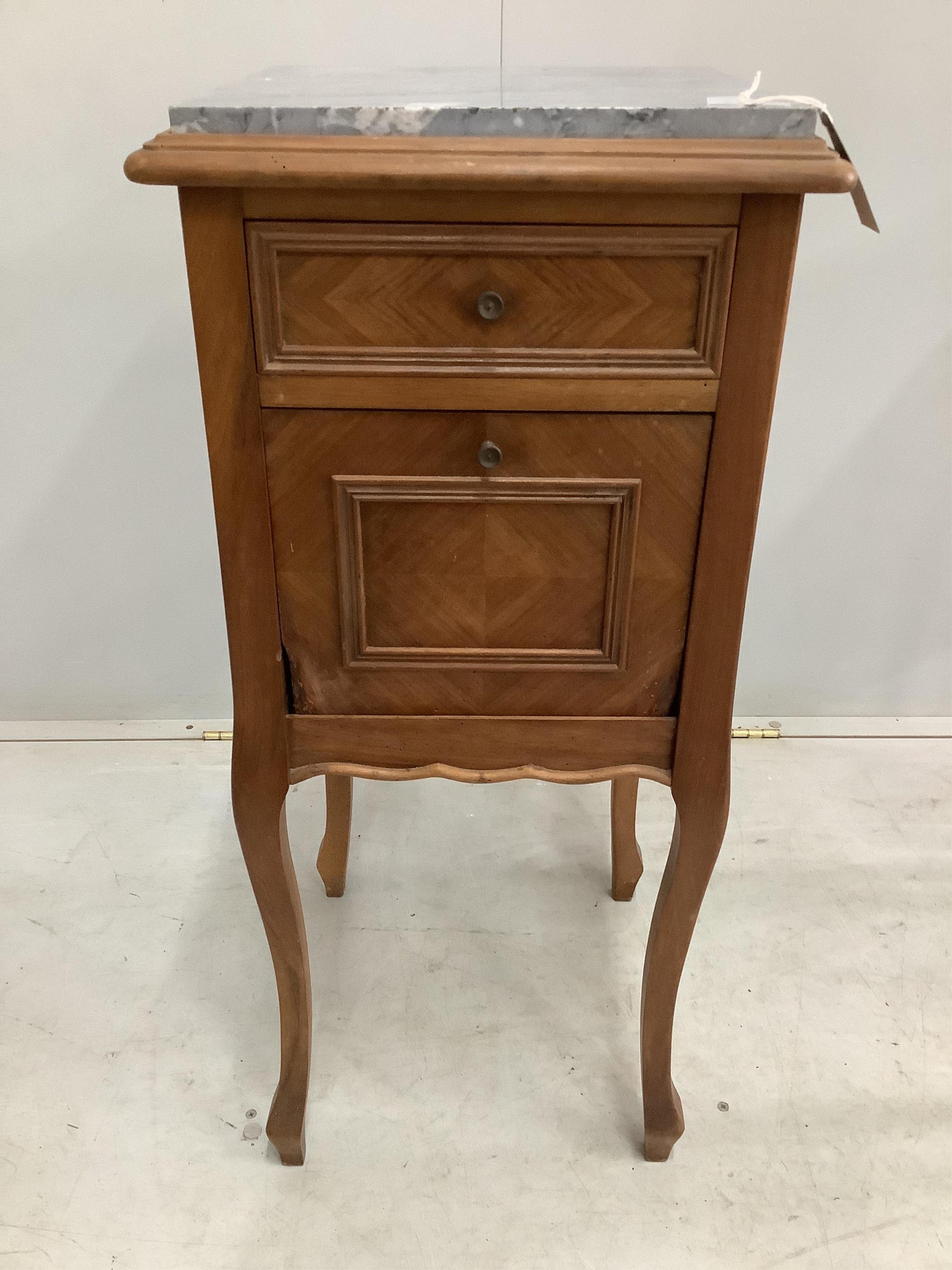 A pair of French marble top walnut bedside cabinets, width 38cm, depth 38cm, height 85cm. Condition - fair to good